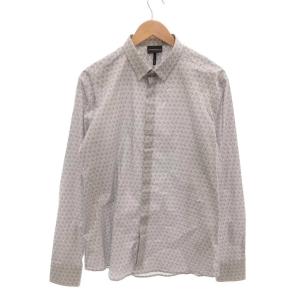スリムフィット 総柄シャツ 長袖 比翼 ロゴ L 白 ホワイト 紺 ネイビー /YJ GY12