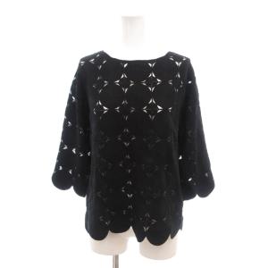 美品 ニット 絹 シルク混 黒 ブラック 透かし編み ラウンドネック 七分袖 /SJ GY0