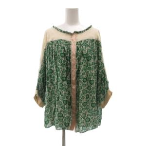 タグ付き シャツ ブラウス シルク混 2 緑 グリーン ベージュ 花柄 切替デザイン 七分袖 /NU GY06