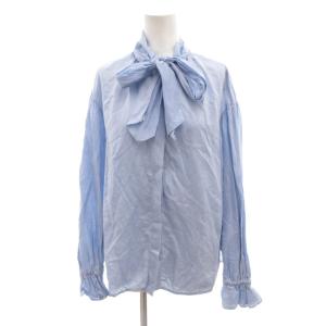 美品 ブラウス 絹 シルク混 36 水色 ライトブルー 長袖 ボウタイ シャーリングカフス /SJ GY06