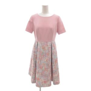 美品 ワンピース 1 ピンク 半袖 ラウンドネック ツイード 膝丈 /SJ GY06