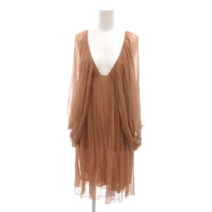 美品 ワンピース 絹 シルク 36 茶 ブラウン Vネック 長袖 シアー 膝丈 /SJ GY06