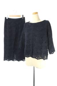 セットアップ ブラウス カットソー 七分袖 スカート ロング タイト 総レース 36 紺 ネイビー 16AW