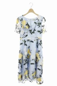 ワンピース 半袖 ロング 刺繍 フレア チュール 36 水色