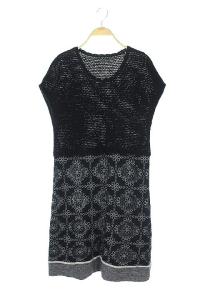 イッセイミヤケ ワンピース ニット 切替 ひざ丈 フレンチスリーブ 2 黒 グレー