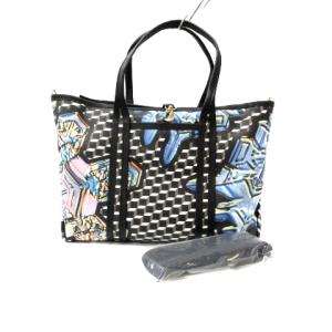 トートバッグ ショルダー 2WAY 総柄 レザー 黒 ブラック 青 ブルー 白 ホワイト