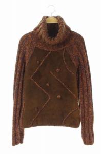 セーター ニット オフタートル スエード 切替 長袖 茶