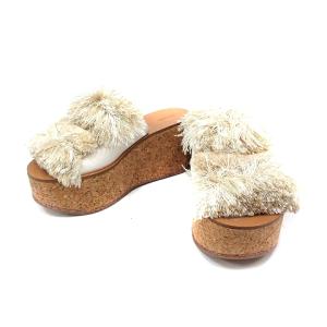 サンダル ミュール エスパドリーユ ウエッジソール フリンジ 厚底 レザー 37 ベージュ