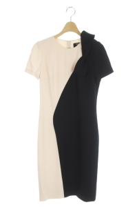 ワンピース 半袖 タイト 膝丈 バイカラー リボン クルーネック 36 ピンク 黒