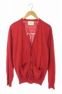 カーディガン 長袖 コットンニット Vネック 3 赤