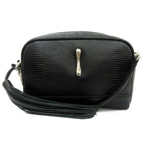 ショルダーバッグ タッセル リザード型押し レザー 黒 ブラック