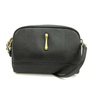 ショルダーバッグ タッセル リザード型押し レザー 黒 ブラック