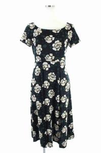 花刺繍半袖フレアワンピース ロング M 黒