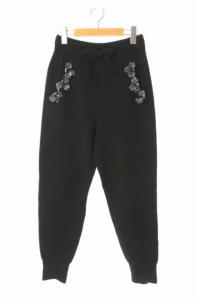 18AW ビジュー装飾ニットパンツ ジョガー リブ 花モチーフ 36 黒