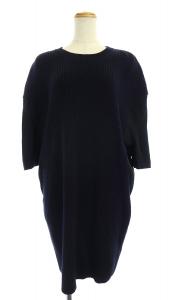 切替ニットワンピース ひざ丈 七分袖 XS 紺