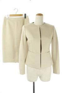 19SS スーツ セットアップ 上下 ノーカラージャケット 総裏地 スカート タイト 膝丈 36 ライトベージュ