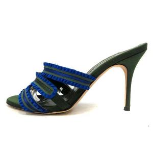 ミュール サンダル ハイヒール フリル 36 緑 青