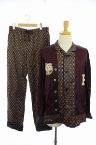 プリントセットアップ 上下 ルームウェア シャツ 長袖 パンツ 総柄 シルク混 3 ボルドー