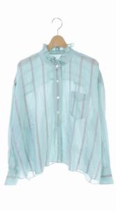 20SS ブラウス シャツ プルオーバー 長袖 ストライプ フリル シルク混 36 水色 ライトブルー