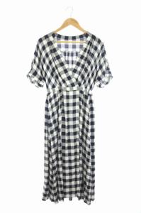 20SS ギンガムカシュクールワンピース ロング ロールアップ 半袖 36 ネイビー