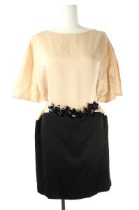 ビジューリボンドレスワンピース ひざ丈 半袖 切替 ドッキング 36 ブラック ベージュ