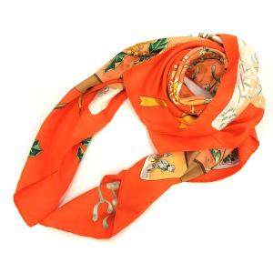 カレ90 Neige d'Antan 去年の雪 大判スカーフ シルク オレンジ 黄 イエロー 茶 ブラウン マルチカラー /KX ■OH