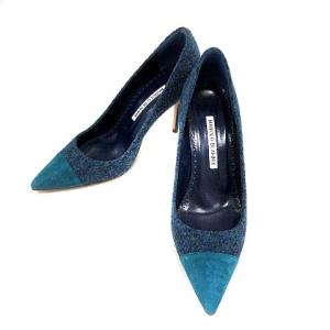 パンプス IRENE ツイード ポインテッドトゥ ピンヒール 切替 36.5 23.5cm 紺