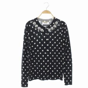 カーディガン ニット ビジュー装飾 ドット柄 ウール 長袖 38 黒 白