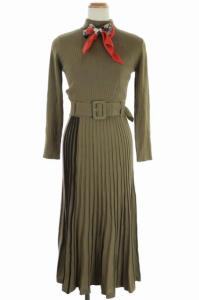 20AW スカーフネックワンピース 長袖 ロング リブ ベルト付き 36 カーキ