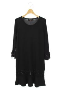 カットワーク ニットワンピース 長袖 マーメイド 膝丈 クルーネック S 黒