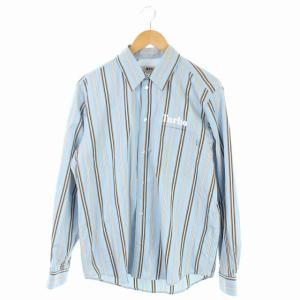 ストライプ柄シャツ 長袖 41 水色 サックスブルー 茶