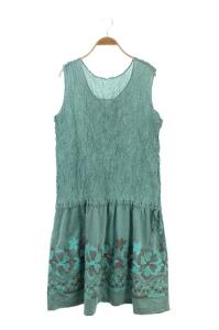 フラワー刺繍プリーツドッキングワンピース グリーン