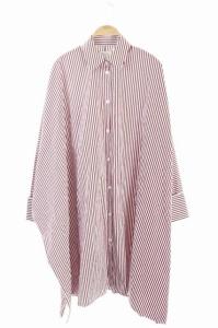 19SS ワンピース 膝丈 シャツ 長袖 ストライプ柄 アシンメトリー 36 赤 白