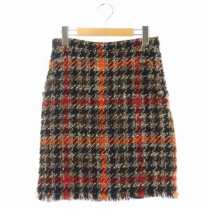 19AW チェックツイードミニスカート タイト フリンジ 38 マルチカラー