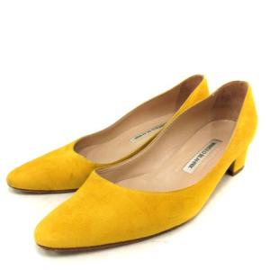 パンプス スエード ポインテッドトゥ チャンキーヒール ローヒール 38 25cm 黄色