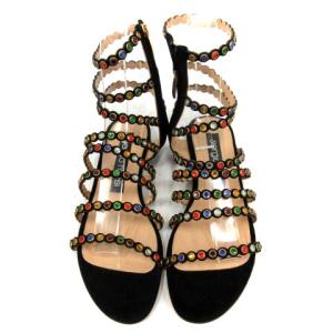 Sergio Rossi サンダル ストラップ フラット スエード ストーン 38 25cm 黒