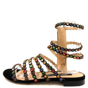 Sergio Rossi サンダル ストラップ フラット スエード ストーン 38 25cm 黒