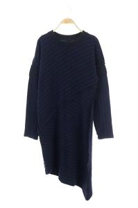 MM6 Asymmetric ストライプニットワンピース アシンメトリー ロング ウール 長袖 M 紺 黒