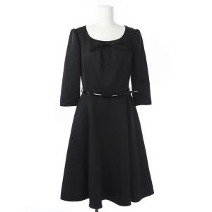 ベルト付きリボンワンピース ロング 七分袖 フレア リボンブローチ付き 40 黒 ブラック