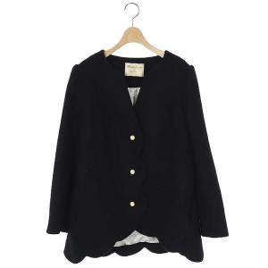 ウール コート ノーカラー ミドル丈 フェイクパール 3L ブラック