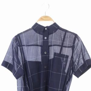 sacai 18SS チェックアシンメトリーワンピース ロング 半袖 プリーツ インナー付き 1 紺 ネイビー