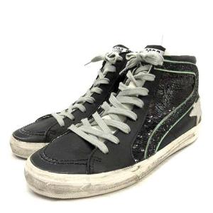 GOLDEN GOOSE SLIDE スニーカー ハイカット レザー スパンコール USED加工 39 25cm 黒 G36WS595