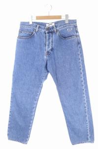 パンツ デニム ジーンズ バックプリント テーパード ボタンフライ 48 青