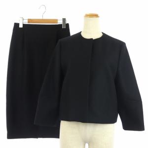 スーツ セットアップ 上下 ウール ノーカラージャケット タイトスカート ミモレ丈 ロング 36 黒 ブラック