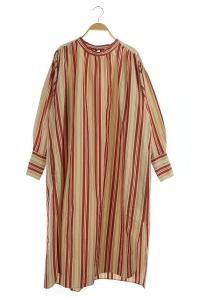 ロク 6 ストライプロングワンピース シャツワンピ 長袖 36 ベージュ 赤