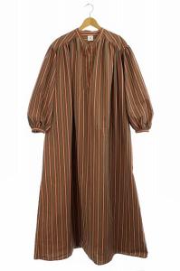 ロク 6 袖ギャザー ストライプロングワンピース シャツワンピ 長袖 36 茶 ブラウン 緑 白