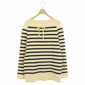 YURI PARK ウール ボーダー ニット カットソー 長袖 プルオーバー ボートネック バックリボン アイボリー 紺