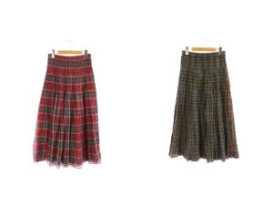 イッセイミヤケ シルク混チェック柄リバーシブルスカート ロング ギャザー フレア 2 赤 茶