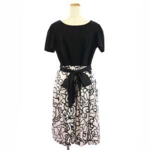 ワンピース フラワー柄 膝丈 半袖 44 黒 ピンク