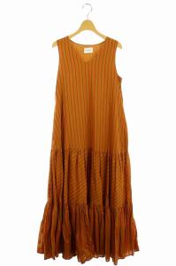 ワンピース ノースリーブ マキシロング ティアード ストライプ Vネック 38 茶 赤